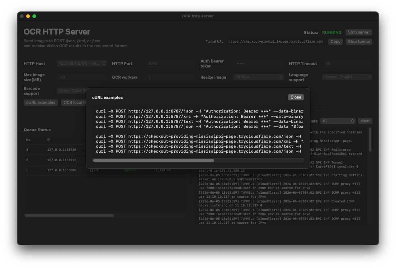 Tunnel and cURL examples screenshot